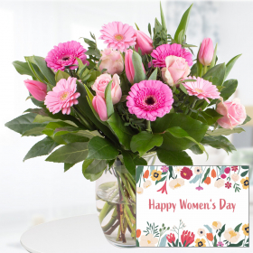 Flower Bouquet for Women's Day + "Happy Women's Day" Greeting Card