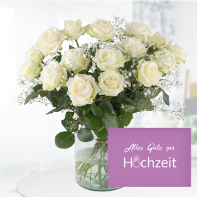 White Premium-Roses with Gypsophila + "Alles Gute zur Hochzeit" Greeting Card