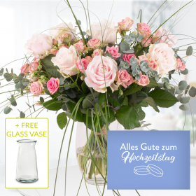 Rose Bouquet Sophia + Free Glass Vase + "Alles Gute zum Hochzeitstag" Greeting Card