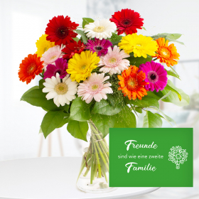 Flower Bouquet Colorful Gerbera + "Freunde sind wie eine zweite Familie" Greeting Card