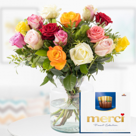 15 Colorful Roses + Merci Finest Selection (50cm)