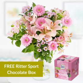 Flower Bouquet Pink Gerbera + Free Ritter Sport Chocolate Box