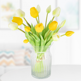14 Artificial Tulips in Yellow and White