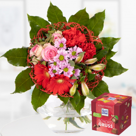 Biedermeier Bouquet Rote Eleganz + Chocolate Box Schokogruß