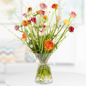 20 colorful ranunculus with birch branches