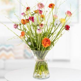 20 Colorful Ranunculus with Birch Branches