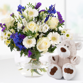 Bouquet of Flowers + Teddy Bear for the Birth of a Boy