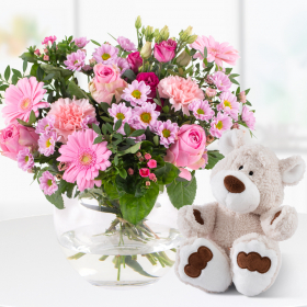 Bouquet of Flowers + Teddy Bear for the Birth of a Girl