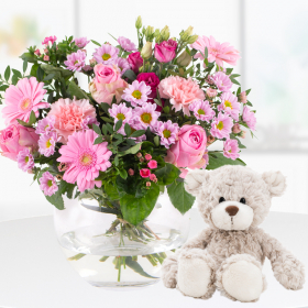 Bouquet of Flowers + Teddy Bear for the Birth of a Girl