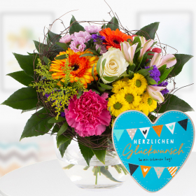 Colorful Birthday Bouquet with Card "Herzlichen Glückwunsch"