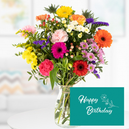 Flower Bouquet Buntes Fest + Happy Birthday Greeting Card